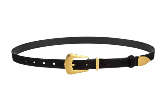 Black Suede Leather Belt with Gold Buckle Single Strap - Sally