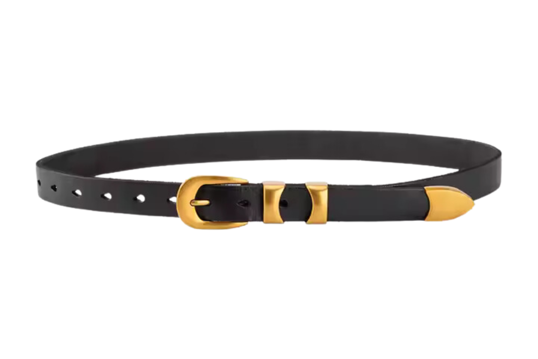 Black Leather Belt with Gold Buckle Double Strap - Mary