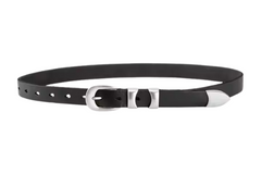 Black Leather Belt with Silver Buckle Double Strap - Mary