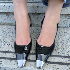 Black Leather Metal-Tip Slingback Pump - Nova