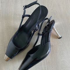 Black Leather Metal-Tip Slingback Pump - Nova