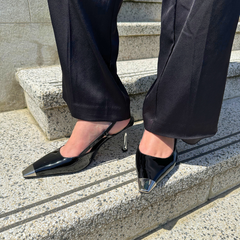 Black Leather Metal-Tip Slingback Pump - Nova