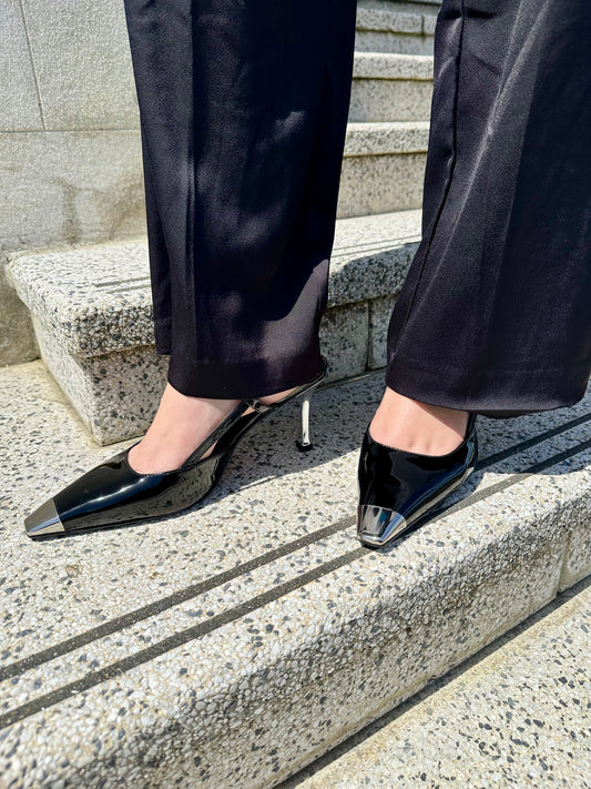 Black Leather Metal-Tip Slingback Pump - Nova