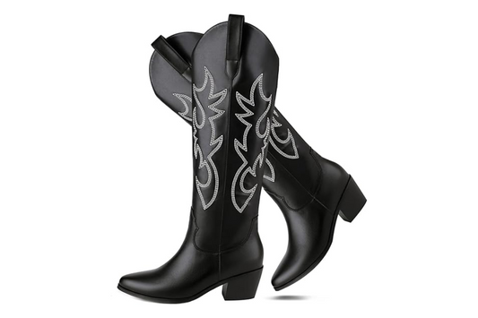 Black knee-high western boots with white embroidery and low block heel.