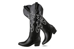 Black knee-high western boots with white embroidery and low block heel.