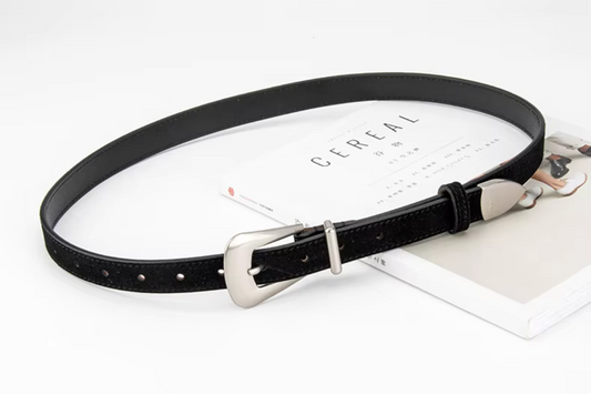 Black Suede Leather Belt with Silver Buckle Single Strap - Sally