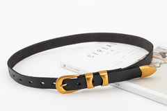 Black Leather Belt with Gold Buckle Double Strap - Mary