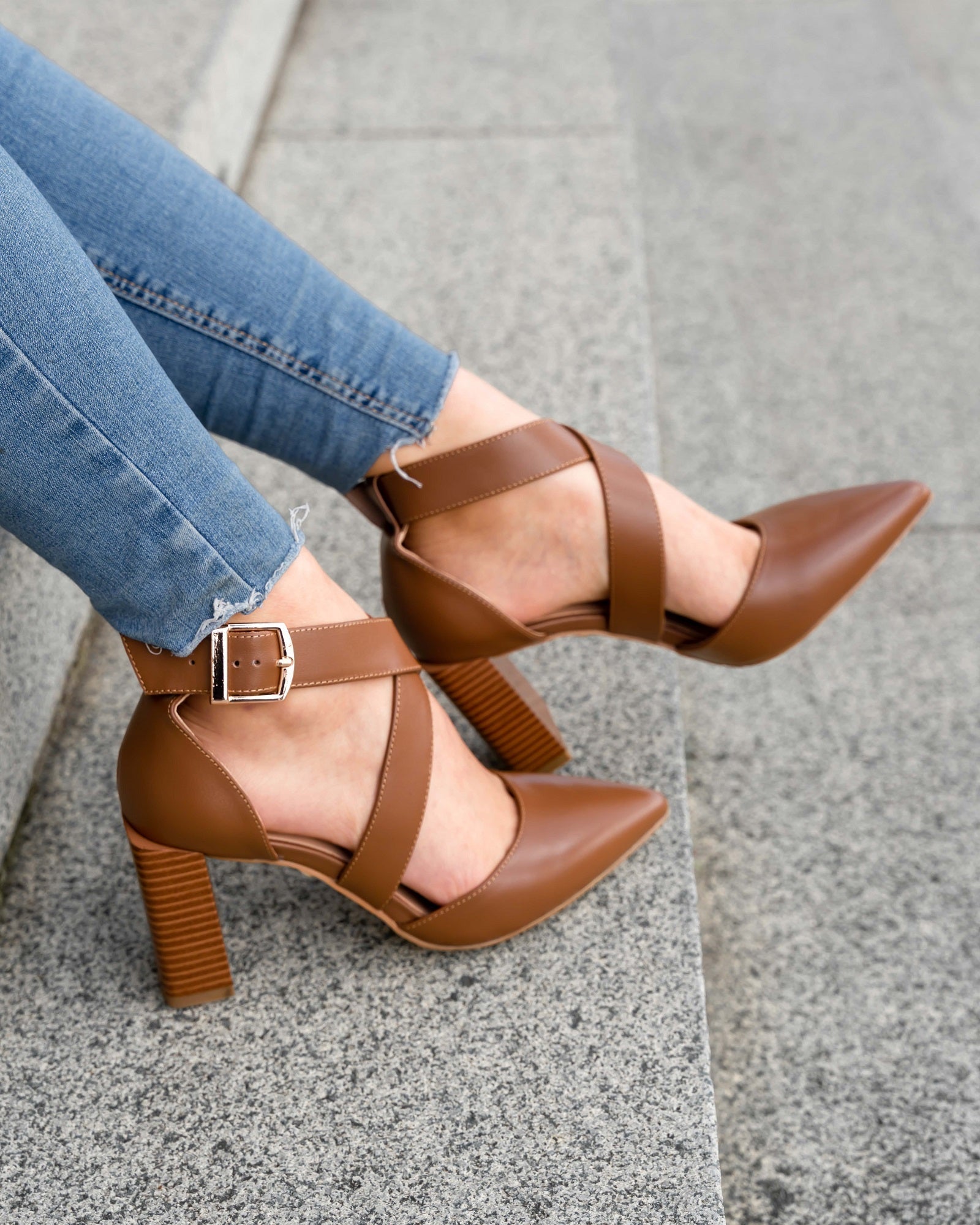Debbie Strap Block Heels Tan Heels by Sole Shoes NZ H4-36